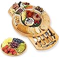 Angju Round Cheese and Charcuterie Board Set - Bamboo Board With Knife Set - Beautiful Gift for Mom