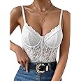 Xivir Women's Floral Lace Sheer Mesh Corset Bodysuit Spaghetti Strap Cami Top