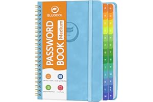 BLUGOOL Libro delle password con linguette alfabetiche, libro di password per anziani, linguette individuali e colorate, quaderno con copertina rigida a spirale per accesso al sito Web, 14,5 x 19,6 cm, blu