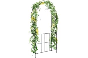 COSTWAY 2.3m Metal Garden Arch with Gate, Outdoor Archway Trellis Pergola Arbour for Rose Vines Climbing Plant, Patio Decoration Arbor Stand for Party Wedding Backyard Lawn
