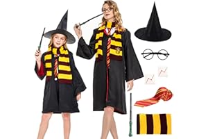 Hereneer Harry Kostüm für Kinder, Magier Robe, Zauberer Robe mit Umhang Zauberstab Brille Zauberhut Schal Krawatte, Unisex Uniform für Jungen Mädchen Halloween Karneval Cosplay Kostüme