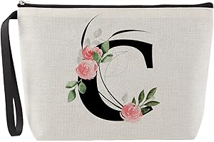 Blisswave A-Z Personalisierte Kosmetiktasche Mädchen, Süße und Schöne Rosa Blumen, Schminktasche mit Initialen, Kulturtasche Klein, Personalisiert Geschenk für Damen und Teenager Mädche