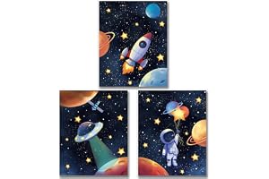 MWOOT Rymd astronaut kanvas affisch för pojkar sovrum väggdekor, 3 st barn lekrum väggkonst tryck (30 x 40 cm solsystem raket