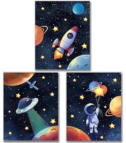Decamilie Stickers Muraux Astronaute Planètes - Autocollant Espace Système Solaire Fusée Pour Chambre Enfants Et Bébé
