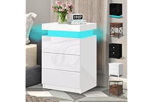 ELFORDSON LED Bedside Table with 3 Drawers and 1 Top Drawer, Bedside Cabinet with 4-side High Gloss, 16 RGB LED Colours, Side Table Nightstand for Bedroom Living Room Home Furniture, White