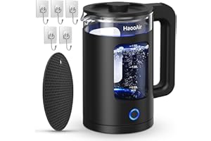 Haooair Kettle, 1.5 Liter Electric Kettle with Blue LED, Easy to Clean Glass Kettle, Fast Boil Quiet, BPA-Free, Boil-Dry Protection (Gifts: Black Table Place Mats & Wall Hooks)