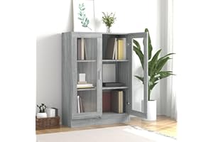 Homgoday Vetrina in vetro con 3 scomparti 2 porte, vetrina soggiorno, mobile soggiorno, credenza sala da pranzo, credenza cucina vetrina in legno ingegneria grigio Sonoma 82,5 x 30,5 x 115 cm
