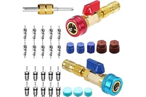 JINGEGECOME R134A Valve Core Quick Remover Installer Tool Set, AC High Low Pressure Valve Core Removal Tool with R134A Valve Core AC Service Port Cap Valve Stem Kit for Refrigerant Air Conditioner System(31PCS)