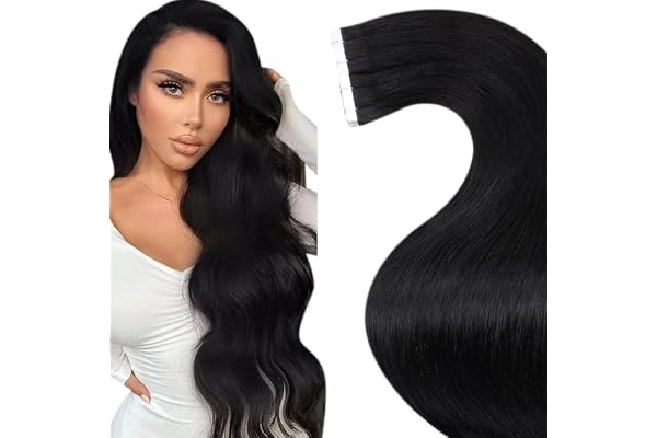 LaaVoo Extension Cheveux Naturel Adhésif – Noir Profond – Humains Remy – Aspect Naturel au Quotidien – 55cm 20pcs 50g – Fixation Fiable – #1