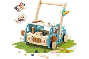 let's make Lauflernwagen Holz Montessori Spielzeug Lauflernhilfe mit Rädern und Blöcken Spielzeug Multifunktion Baby Walker Activity Lauflernhilfe für baby ab 1 jahr (Blau）