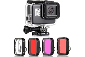 GEPULY Custodia impermeabile con filtri subacquei per fotocamere GoPro Hero 5, 6, 7, Black Hero (2018), 45 m, con filtri per close-up rosso/snorkel/magenta/5X HD