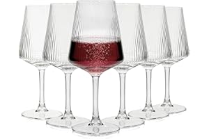 MYKAGS Ribbed Vintage Art Deco 6 PCS Elegant Ribbed Wine Glass Set, 15.8 Ounce Lead Free Crystal Ribbed Stemware Perfect for Red Wine White Wine and Champagne Flutes