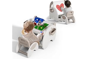 hoopyosms 4-en-1 Set de Mesa y Silla para Niños con Bandeja para Bloques de Construcción, Superficie Fácil de Limpiar, Rotulador de Acuarela, Almacenamiento, Mesa de Actividades Montessori, Caqui