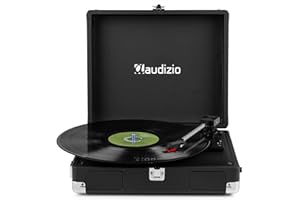 Audizio RP111BK Briefcase Record Player with Built-in Stereo Speakers, Portable Retro Vinyl Turntable, 3 Speed, PU Leather, RCA Line Out, Headphone Jack, Black Finish, Home Audio Player