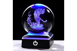 Ornalrist 8cm Crystal Ball Engraved 3D Tiger Figurine Gifts for Women Glass Tiger Sphere Paperweight Ornament with LED Light Base for Home Decor Christmas Birthday