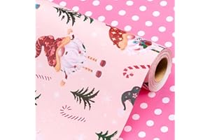Wikadlik Christmas Wrapping Paper Roll - Cute Gnome and Polka Dots Design Pink Gift Wrap Paper - 43cm x 10m