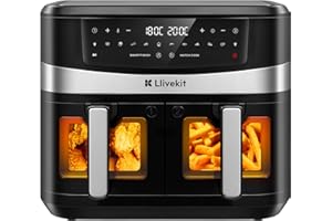 LLIVEKIT Air Fryer 10L avec 2 Cavités, Friteuse sans Huile 12 en 1 avec Rôtissoire, Grille, Brochettes, 95% d'huile en Moins, Smart Finish et Match Cook, Préchauffage et Déshydratation, 2800W