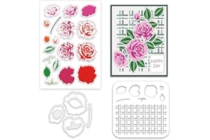 INFUNLY Layered Rose Flowers Clear Stamps & Cutting Dies Set with Reusable Wall Painting Template for Card Making & DIY Craft Decor