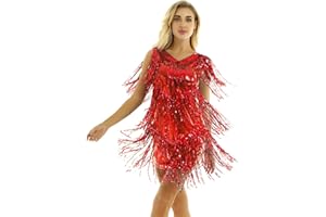 inhzoy Vestido de Baile Latino Lentejuelas para Mujer Vestido de Rumba Tango Salsa Samba Flecos Traje de Baile de Salón Disfraz de Fiesta Dancewear
