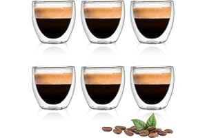 AQUOTA Bicchierini Caffè Vetro 6 Pcs - Tazzine Caffe Vetro 80ml Bicchierini Caffè Tazza Doppio Vetro SetLavabili Trasparenti Bicchieri per Cappuccino Strato Latte tè Macchiato Whiskey Tè Caffè (CFC80)