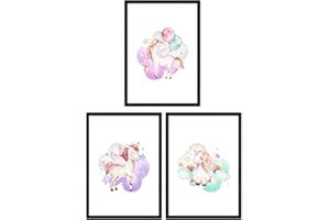NACNIC Pack de Tres láminas con Ilustraciones de Animales. Posters con imágenes Infantiles de Animales. Unicornio con Globos Unicornio Arcoiris y Unicornio con alas. Tamaño A3 sin Marco…