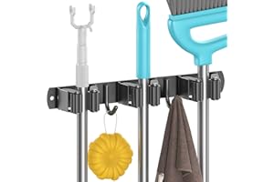 Juspota Porta Scope Parete Autoadesivo, Portascope da Muro con 3 Supporti e 2 Ganci, Appendi Scope a Muro in Acciaio Inox Avvitabile, Porta Mocio Salvaspazio, Nero