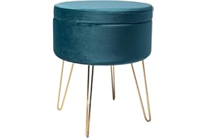 ‎THEO&CLEO Theo&Cleo Samt Runder Hocker, Sitzhocker mit Stauraum, Fußhocker Aufbewahrungsbox, Abnehmbarer Deckel, Metallunterstützung (Türkis)