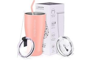 Aolieh Kubek termiczny ze słomką, kubek do kawy na wynos z 2 pokrywkami, kubek termiczny z podwójnymi ściankami ze stali nierdzewnej, próżniowy, kubek do kawy na gorące i zimne napoje, 850 ml