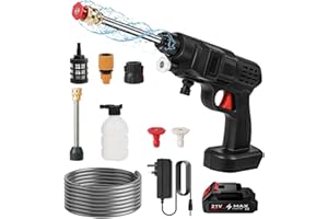 LIPWORT Cordless Pressure Washer, Portable High Pressure Water Gun Battery Pressure Washer Car Wash Spray Gun, with 1/2 Battery, 6-in-1 Nozzle, Tap Connector, Bottle Connector, 5M Hose (A-1 battery)