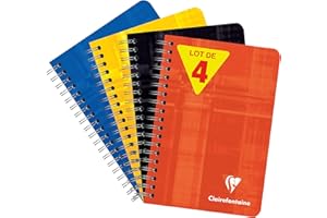 Clairefontaine 668592AMZC Lot de 4 Carnets à Spirale - 9x14 cm - 100 Pages Petits Carreaux - Papier Blanc 90 g - Couverture Carte Pelliculée - Couleurs Aléatoires