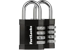 FORTLOCKS Cadenas Code 4 Chiffres | Cadenas à Code pour Casier de Gym, Travail et École, Valise, Garage, Portail, Clôture et Plus (Lot de 2, Noir)