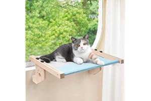 ARK MIIDO Hamac Chat Fenetre, Fenetre Panier Chats Bois, Perchoir Réglable pour Fenêtre Chat - Coussin Souple Amovible et Lavable Peut Contenir Jusqu'à 30 Kg