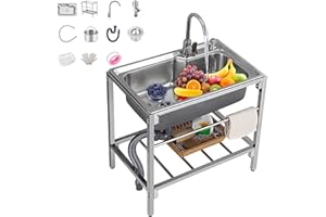 Duchunsheng Meuble Evier INOX Cuisine Lave Bac, Indépendant Jardin Lavabo avec Robinet, Pieds Réglables, Drainage Rapide, Pas Facile À Obstruer, Exterieur Sink Épaissir 1mm, Éviers De Salle De Bains