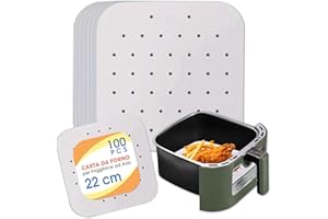 Caffetti 100 Fogli di Carta da Forno Bianchi per Friggitrice ad Aria, 100% Biodegradabili Quadrati Forati, Monouso, Antiaderente, Senza Olio, Alimenti, Fritti, Arrosto Cucina - 22 x 22 cm