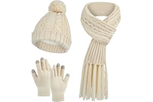 DiaryLook Beanie Hat 3 in 1 Warm Long Scarf Touchscreen Glove Set of 3 Winter Thick Chunky Knitted Pom Cap