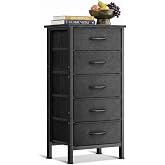 Coleshome Comoda Bedroom Black Narrow Comfy with 5 Fabric Drawers | Tall Chest of Drawers with Sturdy Steel Frame, Wooden Top