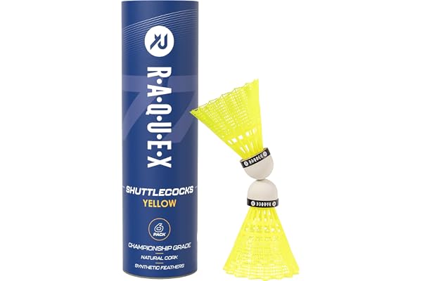 Raquex Volants de Badminton en Plumes de Nylon Tube de 6 Volants en liège Naturel – Trois Options de Vitesse – Volants Blancs ou Jaunes –Volants de Badminton durables pour l'intérieur et l'extérieur