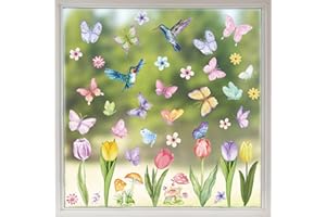 GEBETTER 8 Sheets Spring Window Stickers Tulips Hummingbird Butterfly Flower Window Clings Double-Sided Stained Glass Clings Floral Window Clings for Spring Window Decorations