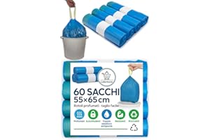 LOLLO STORE 60 Sacchetti Spazzatura 55x65 cm Blu, Profumo Talco, 40 Litri Antiodore con Maniglie Tira e Chiudi, Buste Spazzatura per Raccolta Differenziata, Sacchi Spazzatura in Alta Densità in Polietilene