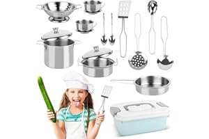 TOSAVGA Accessoire Cuisine Enfant 17pcs, Dinette Enfant 3 ans avec Pots et Casseroles Jouet en Acier Inoxydable, Ensemble de Cuisine Ustensiles de Cuisine Enfant,Chef Jeu de Rôle Ustensiles pour Enfants