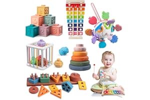 TACOPET Giochi Montessori, 6 in 1 per Neonati, Forme Sensoriali | Ordinazione e Impilazione | Impilazione Blocchi | Sonagli |Giochini Regalo Bambini 3 6 9 12 Mesi 1 2 3 Anno