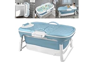 Aufun Vasca da bagno pieghevole XL 112 x 62 x 52 cm, ideale per bagno, doccia e balcone, con copertura e rulli massaggianti, cestino per il sapone, vasca portatile in plastica spessa - blu