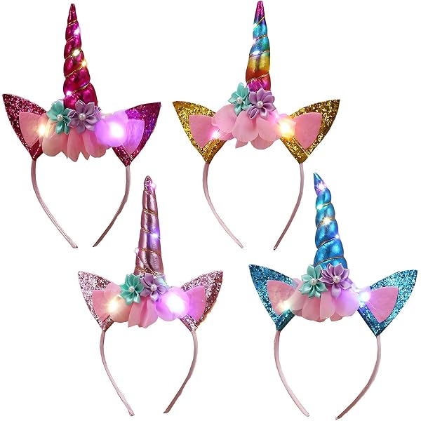 Lot de 6 bandeaux de chevaux arc-en-ciel avec oreilles et fleurs - Bandeaux de dessin animé pour fête et cosplay (6 couleurs