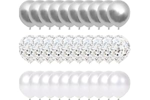 YUKIYI Set di 60 palloncini bianchi e argento da 30 cm, 20 palloncini in argento metallizzato, 20 palloncini con coriandoli argentati, 20 palloncini in lattice bianco a elio, palloncini per matrimoni,