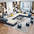 Caradel Cristiano 9 Seater RHS Corner Sofa Set with Ottoman and 4 Puffy in Blue & Cream Color Fabric Sofa Set for Living Room, Couch Sofa for Living Room, Nine Seater Sofa