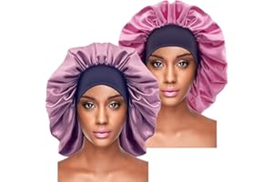 JEFFOUOO 2 Stück Große Schlafmütze Nachtmütze,Weiche Nacht Schlaf Mütze Hut Satin Nachtmütze atmungsaktive Schlafkappe Kopfbedeckung mit Breitem Gummiband Sleep Cap Hair Bonnet für Damen und Mädchen