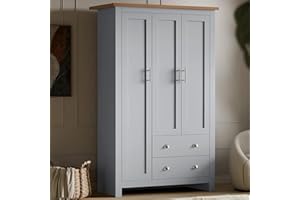 Blisswood 3 Door Wardrobe with 2 Drawers & Hanging Rail – Grey Bedroom Wardrobe with 5 Shelves, Wooden Clothes Storage Cupboard Unit, Triple Wardrobe for Bedroom Furniture