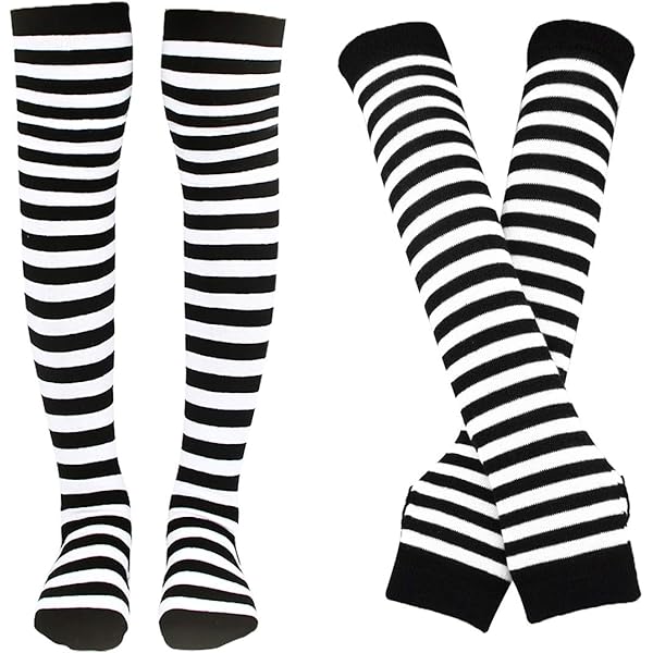 Strped Long Arm Warmer Fngerless Gloves, Knee Hgh Socks Set, Punk