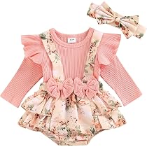 ESSECMBS Pagliaccetto Tutina Invernale Neonata con Bowknot Body Elegante Maniche Volanti in Pizzo Rosa + Fascia