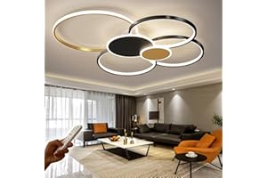 WJYCYN Ściemnialna duża lampa do salonu Lampa sufitowa LED 6-pierścieniowa Nowoczesne lampy sypialni z pilotem Oświetlenie sufitowe Metalowa akrylowa Lampy sufitowe Biuro jadalnia (Czarno-złoty, L100cm 98W)